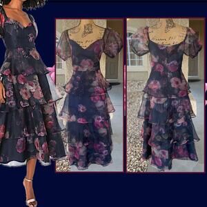 Lulus Oh-So Stunning Navy Blue Floral Organza Tiered Midi Dress Size XL